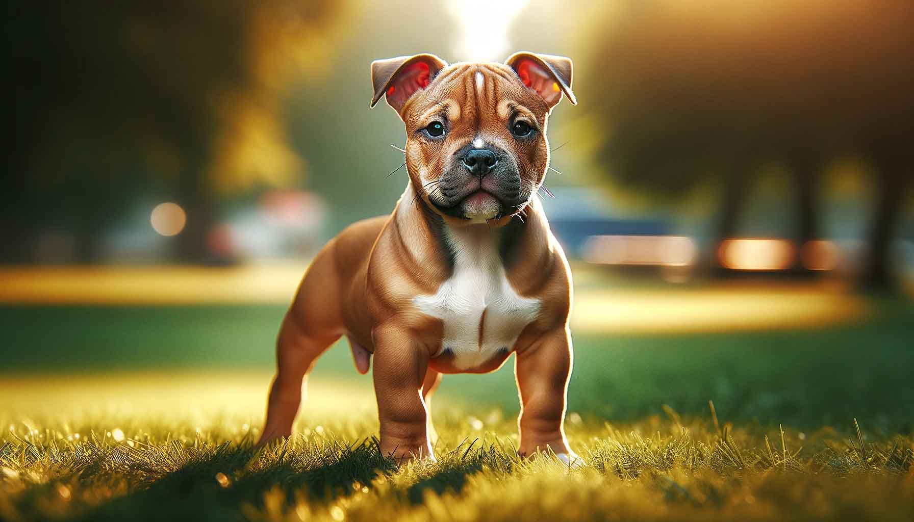 a small, muscular tan Micro Bully dog standing in a sunlit park, showcasing its shiny single-layer coat with white patches on its chest.