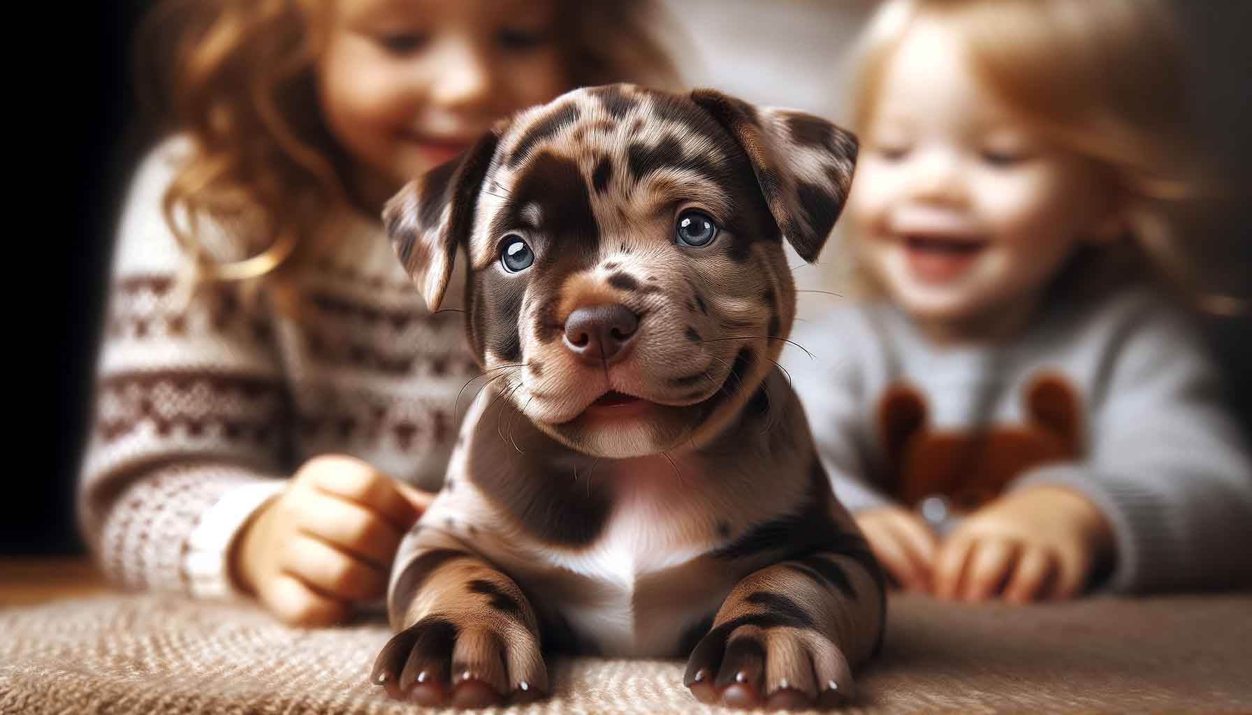 A close-up photograph capturing the playful character and distinctive merle pattern of a chocolate Merle micro bully puppy.