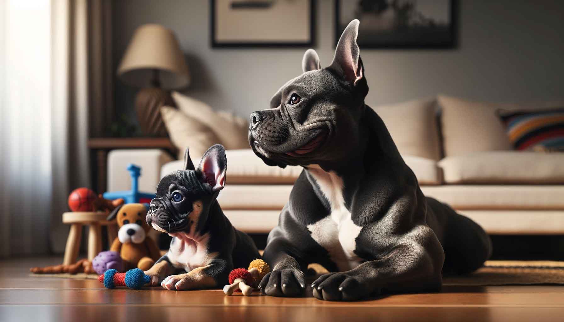 A photograph depicting a micro bully and a French bulldog in profile in a family living room. The micro bully's muscle tone and agility contrast with the French bulldog's relaxed posture. The scene with toys scattered around conveys their adaptability and companionship qualities, showcasing the contrast and harmony between the two breeds in a domestic setting.