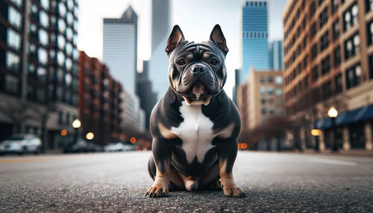 Showcasing a Micro Bully with its broad, low-to-ground stature on an urban sidewalk, with a soft-focus cityscape in the background.